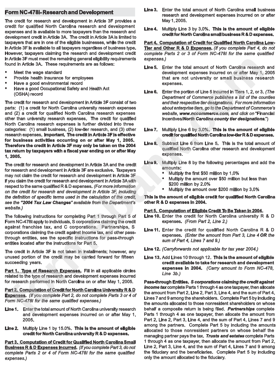 Form Nc-478i - Research And Development Instructions