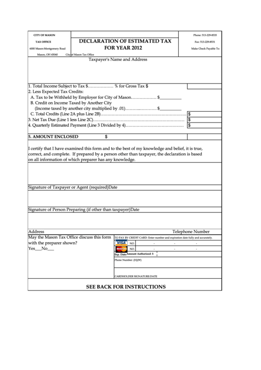 Declaration Of Estimated Tax For Year 2012 - City Of Mason Printable pdf