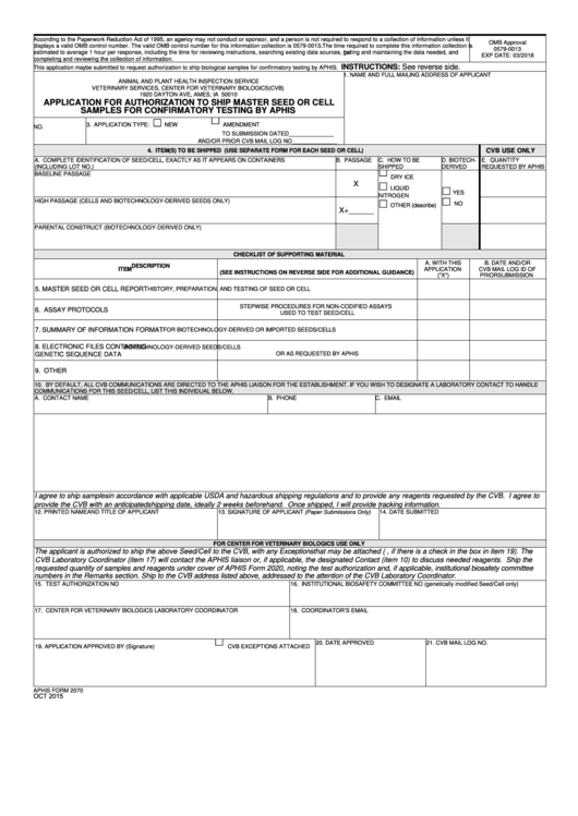 Fillable Form 2070 - Application For Authorization To Ship Master Seed Or Cell Samples For Confirmatory Testing By Aphis Printable pdf