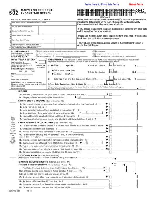 Fillable Form 502 - Maryland Resident Income Tax Return, Form 502b - Maryland Dependents