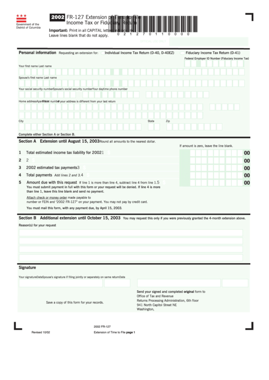 Form Fr-127 - Extension Of Time To File Income Tax Or Fiduciary Return - 2002 Printable pdf
