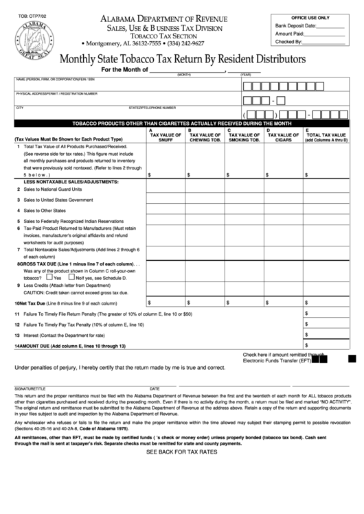 Form Tob: Otp - Monthly State Tobacco Tax Return By Resident Distributors - Alabama Department Of Revenue