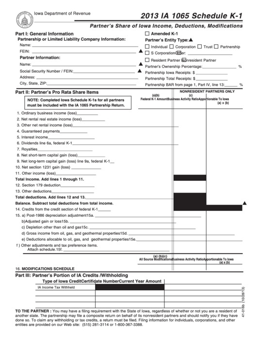 Fillable Form Ia 1065 - Schedule K-1 - Partner