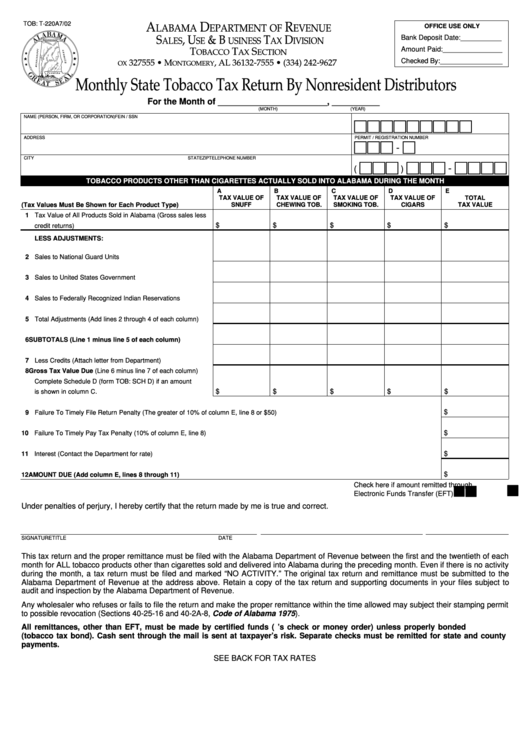 Form Tob: T-220a - Monthly State Tobacco Tax Return By Nonresident Distributors Printable pdf