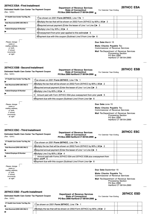 Form 207hcc Esa - Estimated Health Care Center Tax Payment Coupon Printable pdf