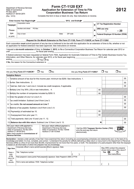 Form Ct-1120 Ext - Application For Extension Of Time To File Corporation Business Tax Return - 2012 Printable pdf