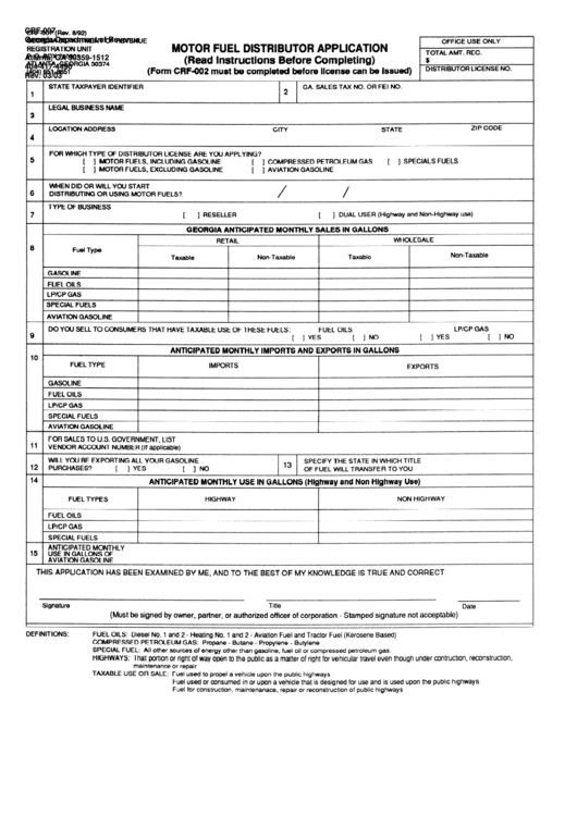 Form Crf-007 - Motor Fuel Distributor Application Printable pdf