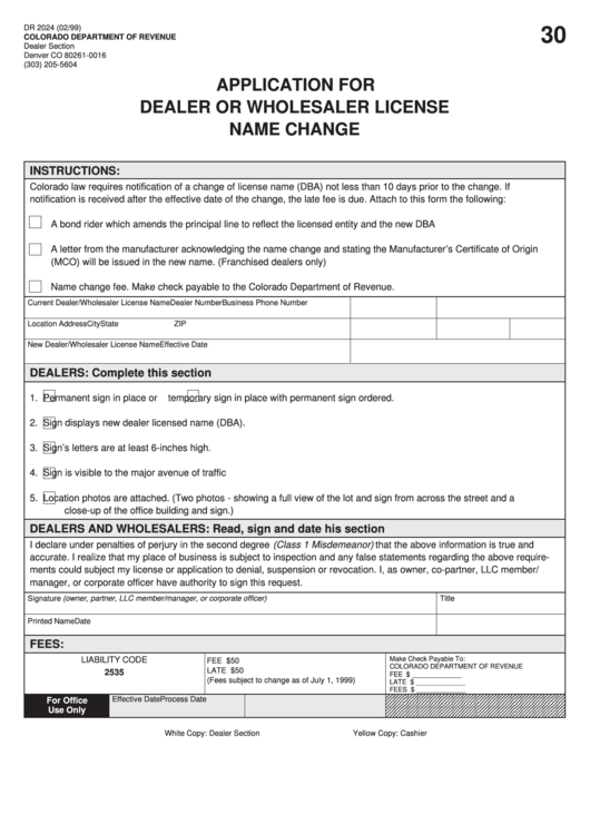 Form Dr 2024 Application For Dealer Or Wholesaler License Name Change Colorado Department Of