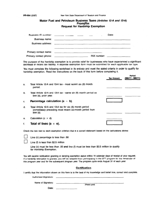 Fillable Form Pr-684 - Motor Fuel And Petroleum Business Taxes (Articles 12-A And 13-A) Promptax Request For Hardship Exemption Printable pdf
