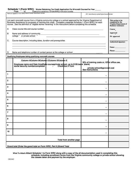 Form Wrc - Schedule 1 - Worker Retraining Tax Credit Application For Noncredit Courses Printable pdf