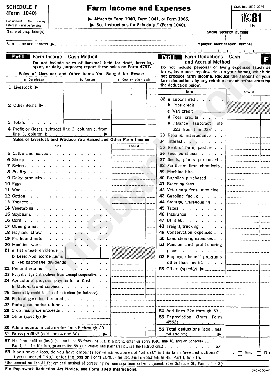 Schedule F Form 1040 Farm Income Tax Expenses 1981 Printable Pdf 