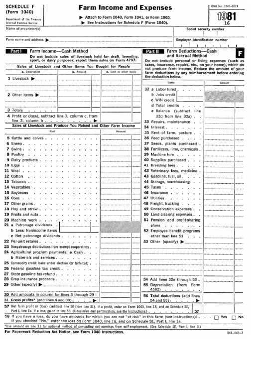 Download Schedule F (Form 1040) - Farm Income Tax Expenses - 1981 printable pdf download