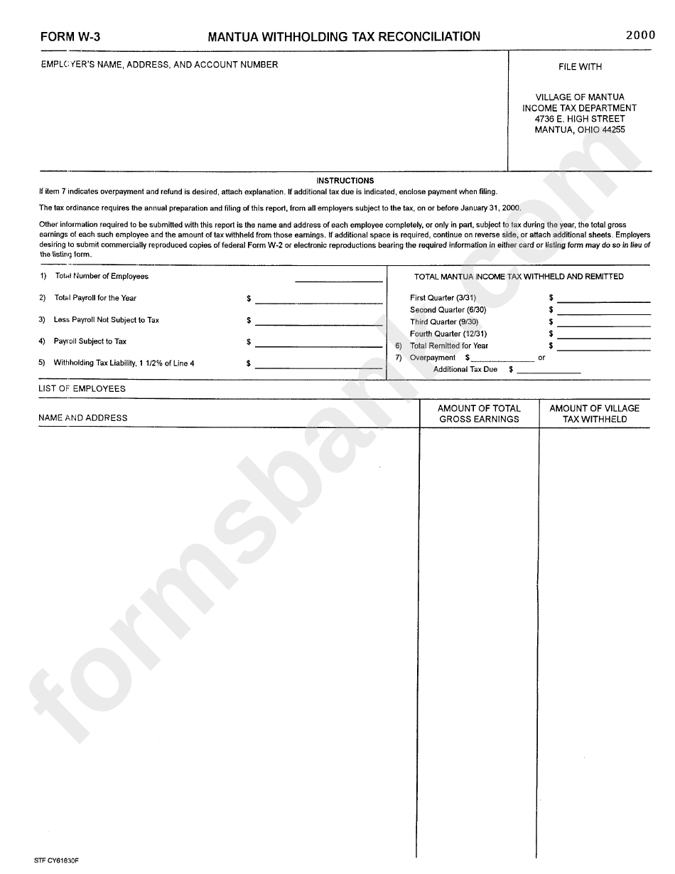 Form W-3 - Mantua Withholding Tax Reconciliation - 2000