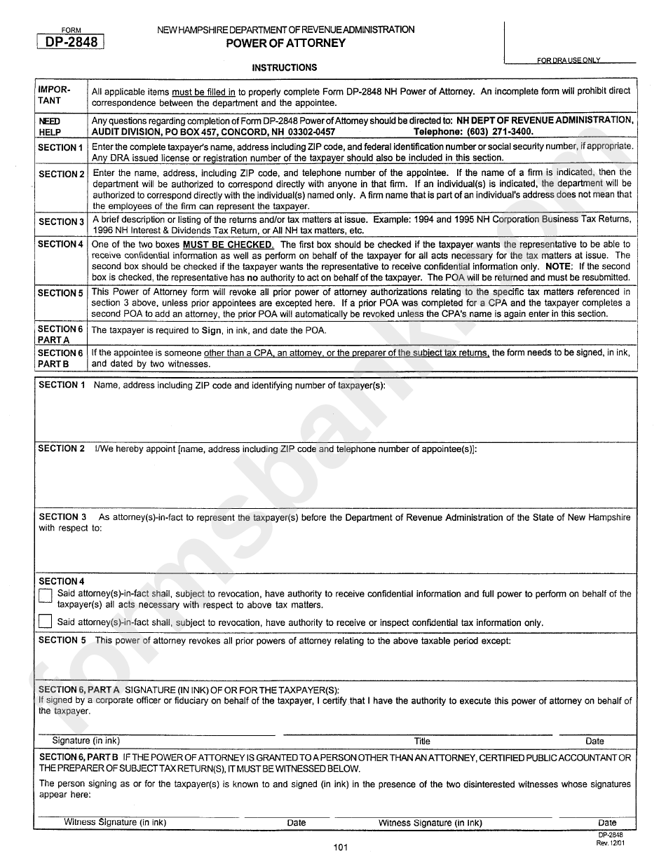 Form Dp-2848 - Power Of Attorney - New Hampshire Department Of Revenue Administration