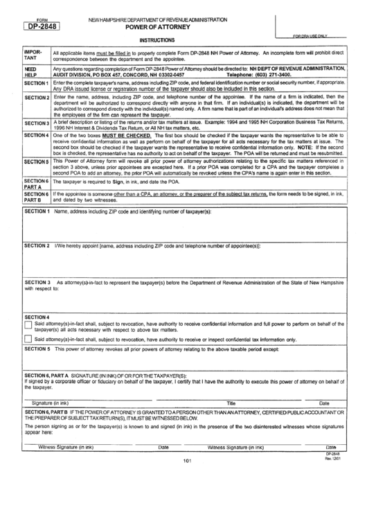 Form Dp-2848 - Power Of Attorney - New Hampshire Department Of Revenue Administration Printable pdf