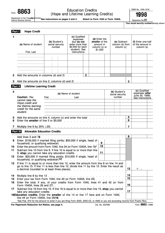 Fillable Form 8863 - Education Credits (Hope And Lifetime Learning Credits) - 1998 Printable pdf