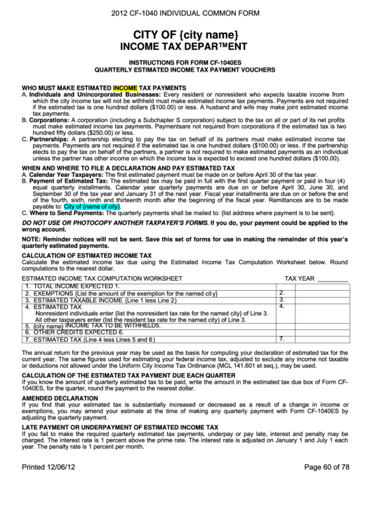 Instructions For Form Cf-1040es - Quarterly Estimated Income Tax Payment Vouchers - 2012 Printable pdf