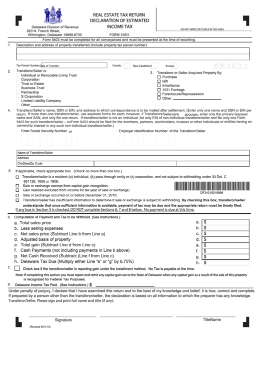 Fillable Form 5403 - Real Estate Tax Return Declarationof Estimated Income Tax - Delaware Division Of Revenue Printable pdf