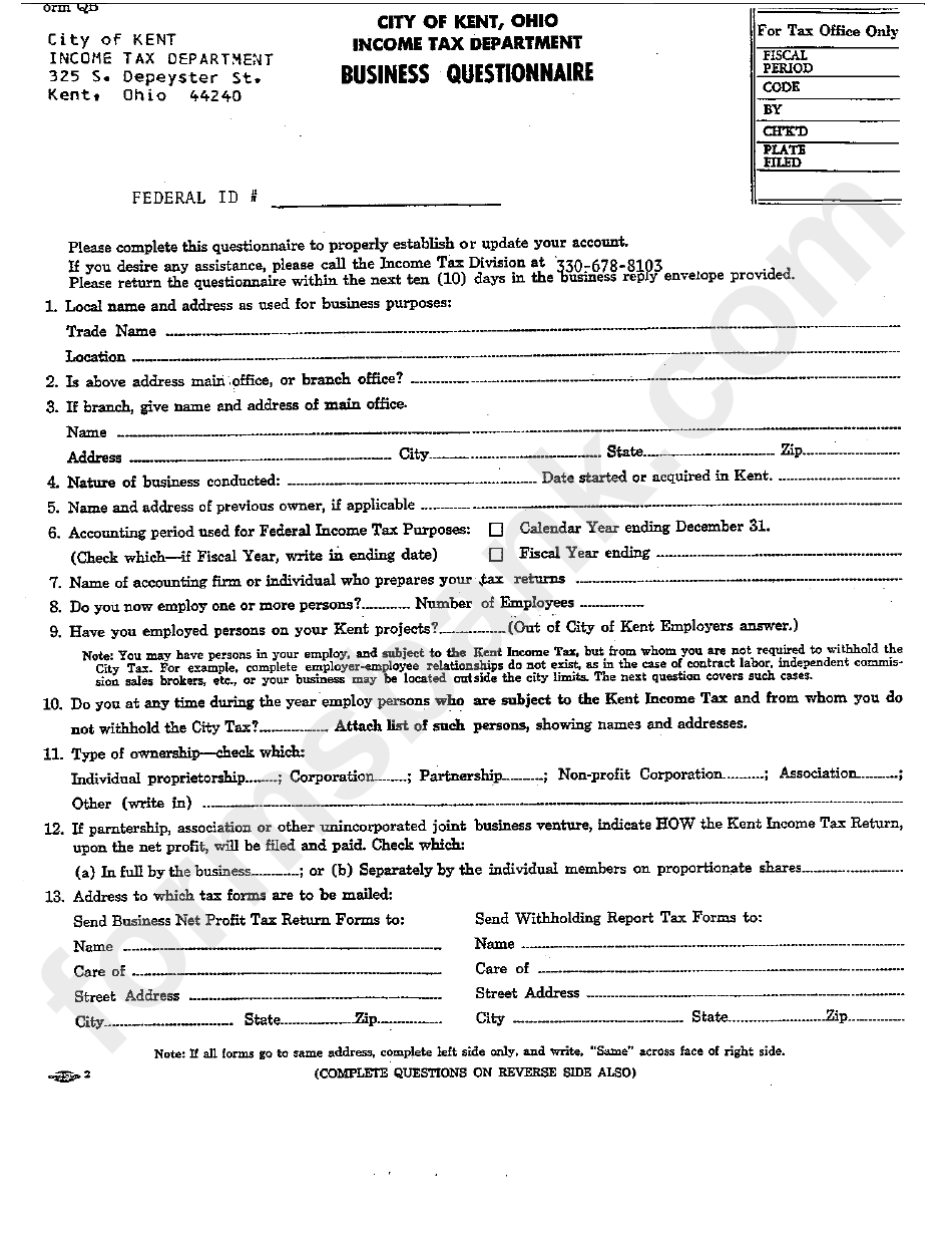 Form Qb - Business Questionnaire - City Of Kent, Ohio Income Tax Department