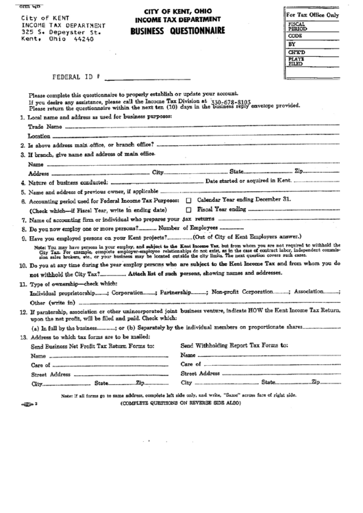 Form Qb - Business Questionnaire - City Of Kent, Ohio Income Tax Department Printable pdf
