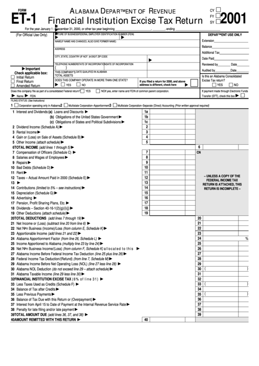 Form Et-1 - Financial Institution Excise Tax Return - 2001 Printable pdf