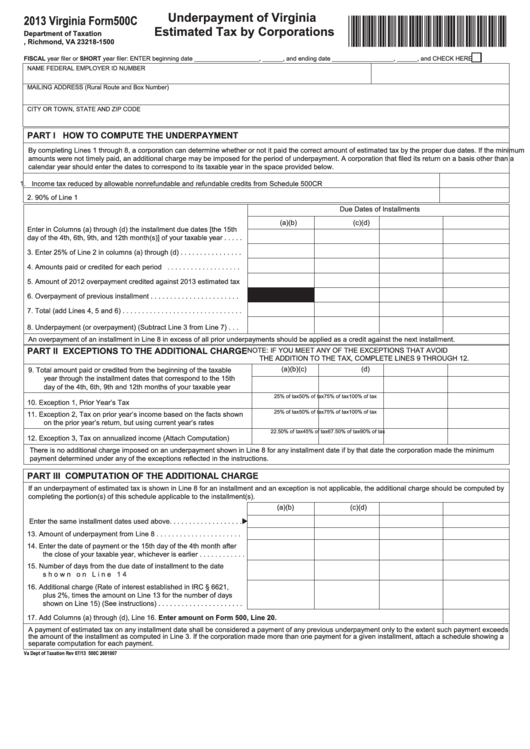 Fillable Form 500c - Underpayment Of Virginia Estimated Tax By Corporations - 2013 Printable pdf