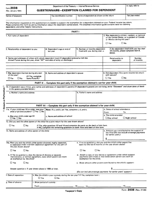 Form 2038 - Questionnaire-Exemption Claimed For Dependent printable pdf ...