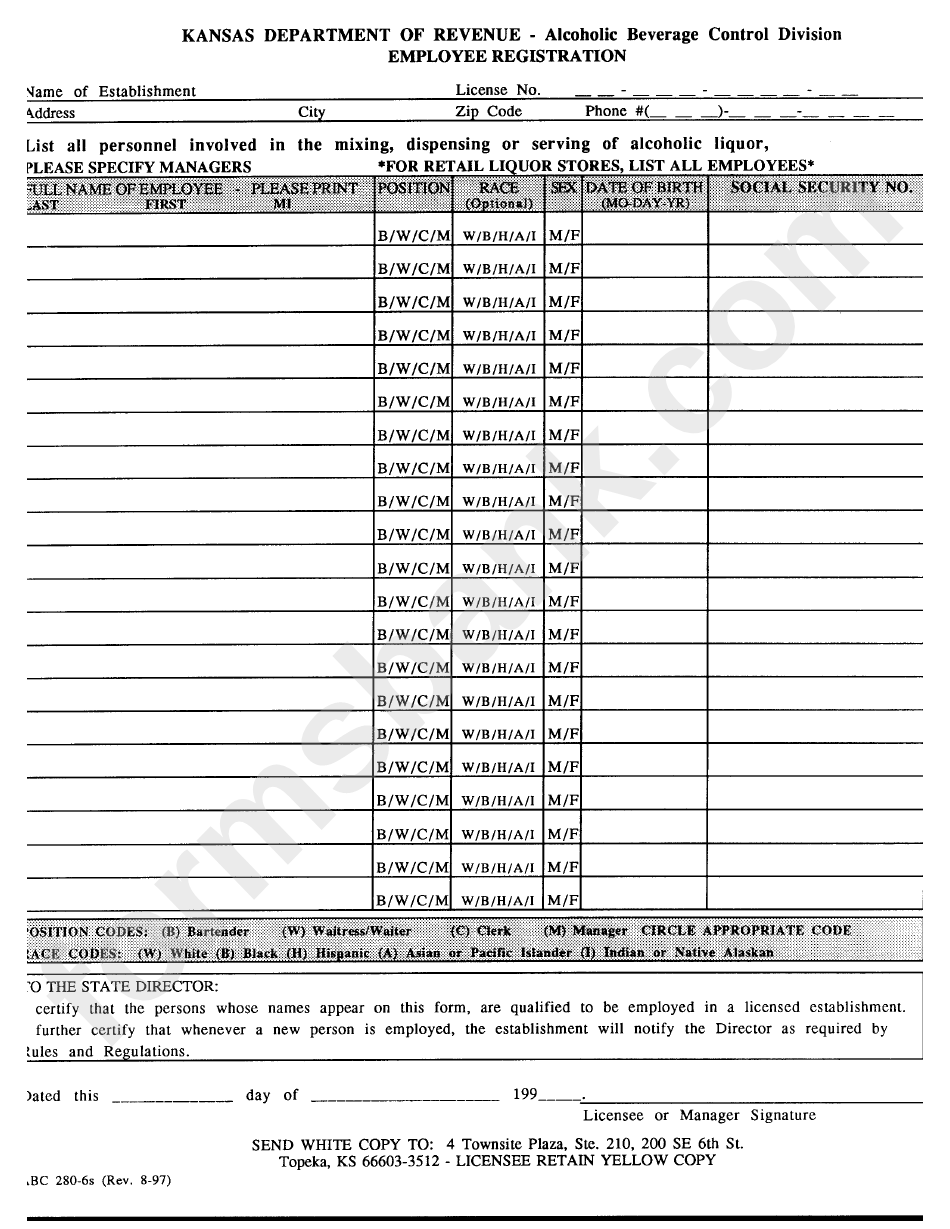 Form Abc 280-6s - Employee Registration - Kansas Department Of Revenue