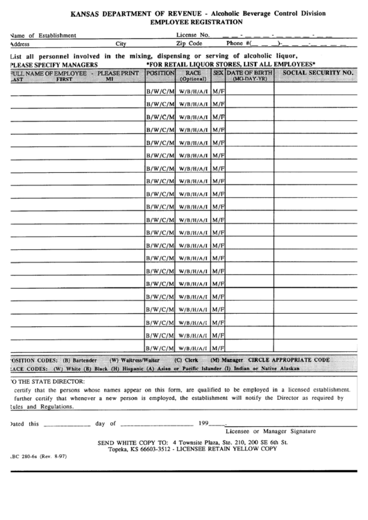 Form Abc 280-6s - Employee Registration - Kansas Department Of Revenue Printable pdf