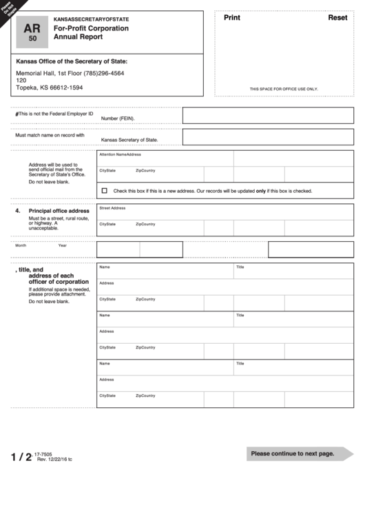 Fillable Form Ar - For-Profit Corporation Annual Report - Kansas Secretary Of State Printable pdf