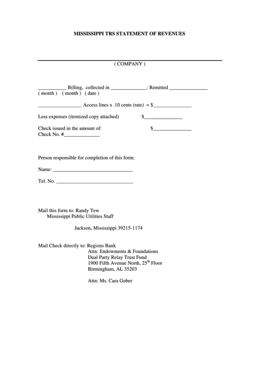 Mississippi Trs Statement Of Revenues - Mississippi Public Utilities Staff Printable pdf