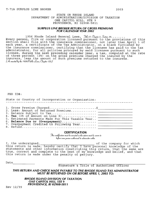 Form T-71a - Surplus Line Broker Return Of Gross Premius - 2003 Printable pdf