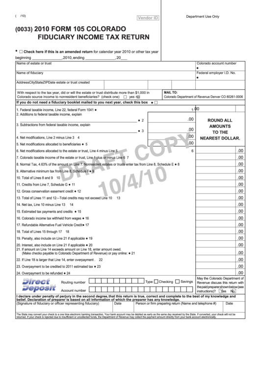 Form 105 Draft - Colorado Fiduciary Income Tax Return - 2010 Printable pdf