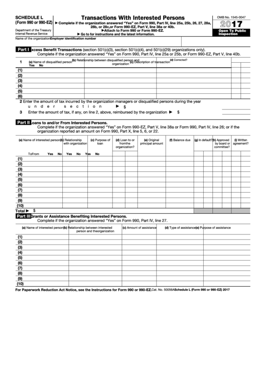 Fillable Schedule L (Form 990 Or 900-Ez) - Transactions With Interested Persons - 2017 Printable pdf