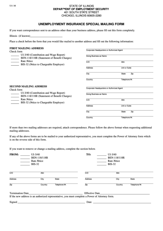 Form Ul-1 M - Unemployment Insurance Special Mailing Form Printable pdf