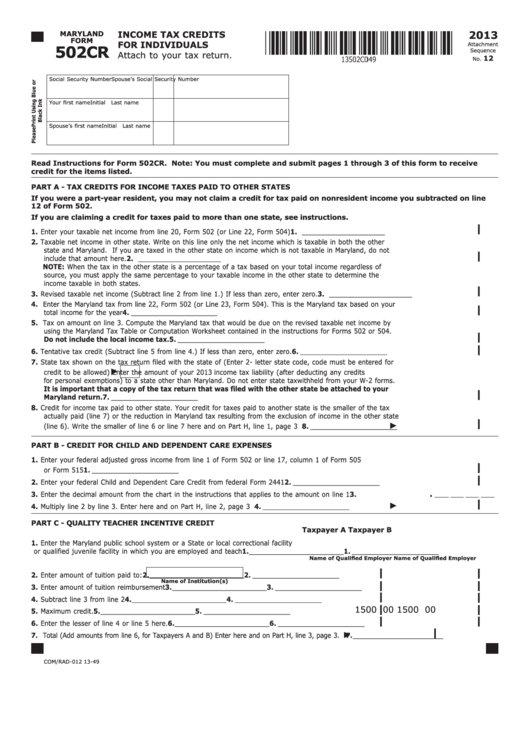 Fillable Maryland Form 502cr - Income Tax Credits For Individuals - 2013 Printable pdf