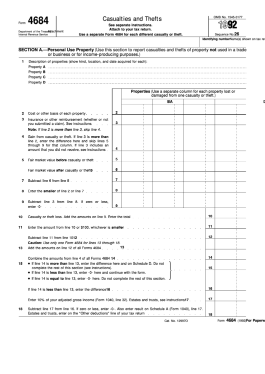 Form 4684 - Casualties And Thefts - 1992 Printable pdf