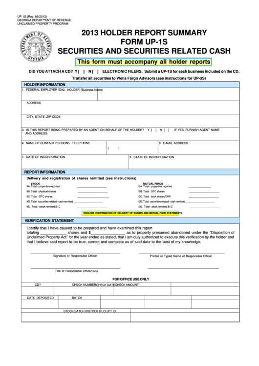 Fillable Form Up-1s - Holder Report Summary - Securities And Securities Related Cash - 2013 Printable pdf
