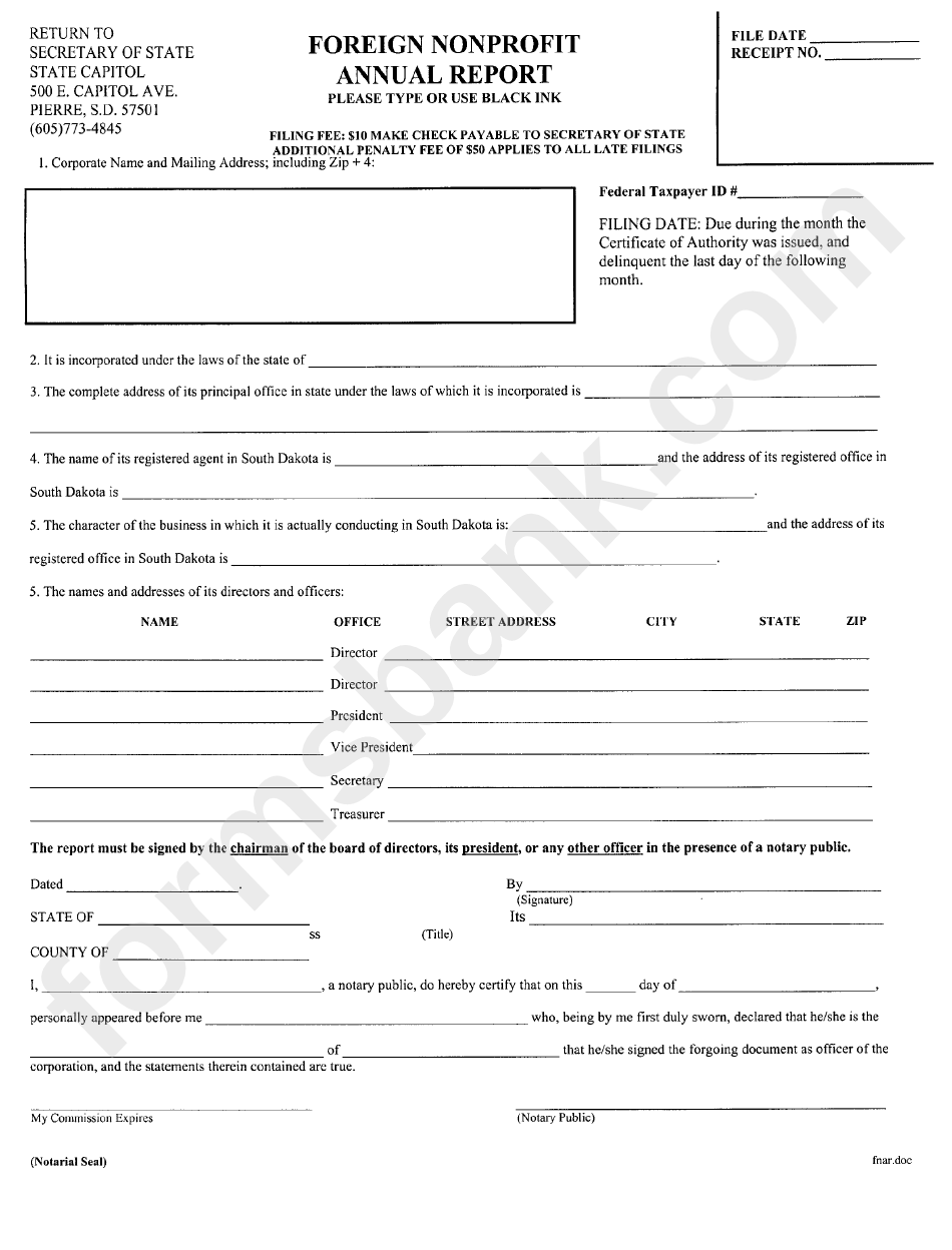 Foreign Nonprofit Annual Report Form - South Dakota Secretary Of State
