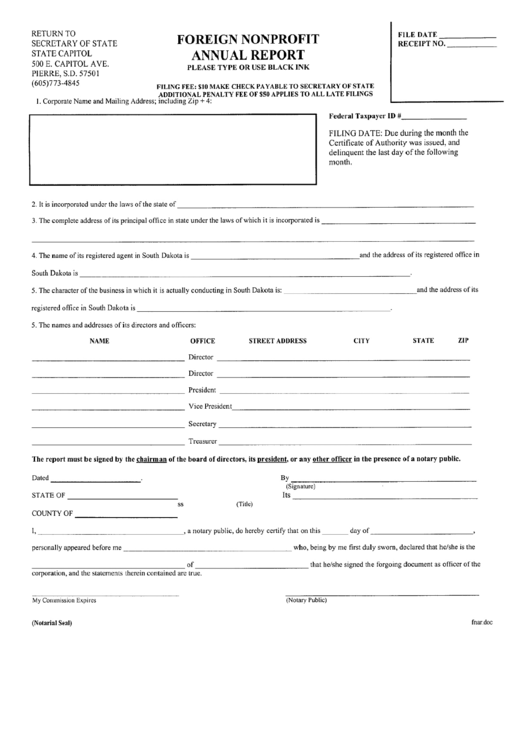 Foreign Nonprofit Annual Report Form - South Dakota Secretary Of State Printable pdf