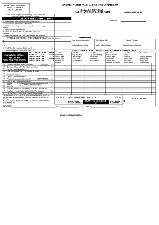 Sales And Use Tax Report - Lincoln Parish Sales And Use Tax Commission Printable pdf