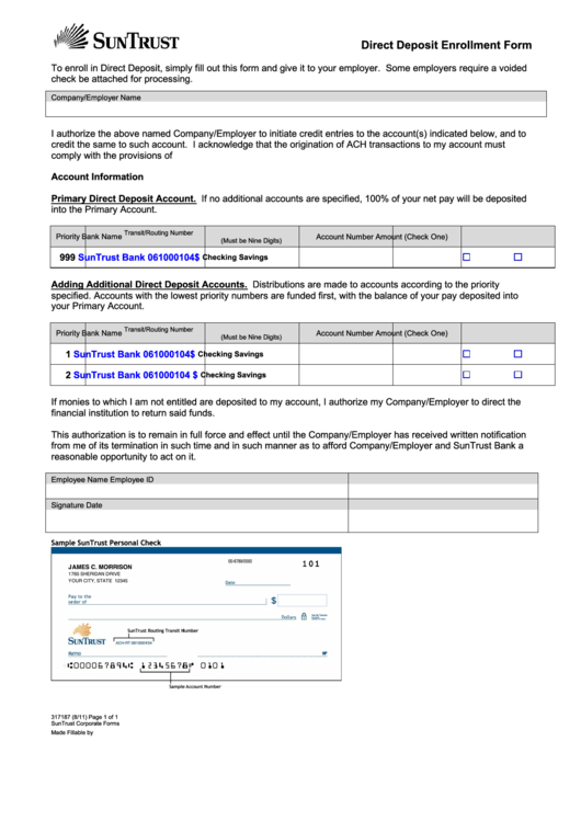 Fillable Direct Deposit Enrollment Form - Suntrust Printable pdf