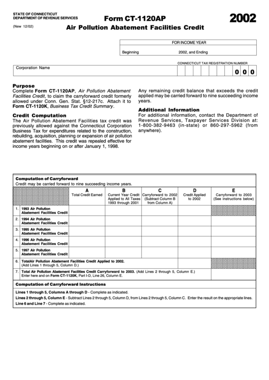Form Ct-1120ap - Air Pollution Abatement Facilities Credit - 2002 Printable pdf