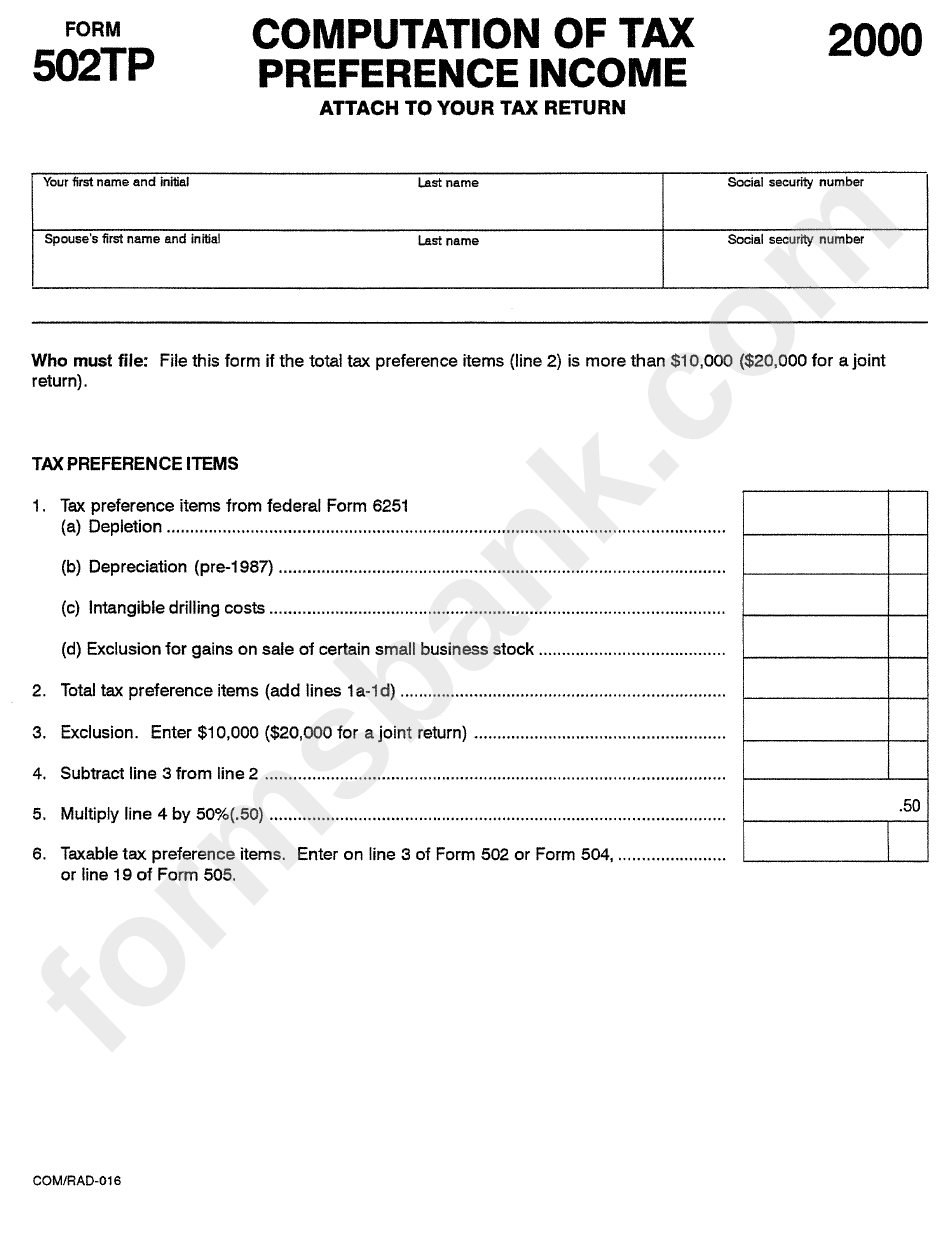 Form 502tp - Computation Of Tax Preference Income - 2000