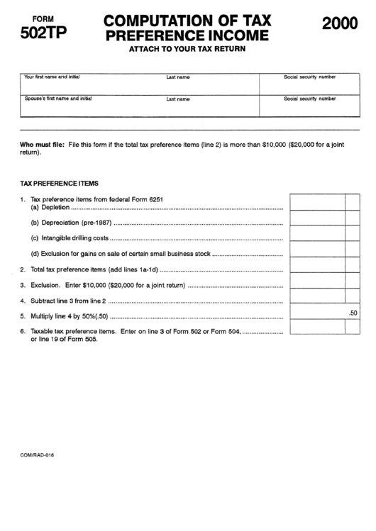 Form 502tp - Computation Of Tax Preference Income - 2000 Printable pdf