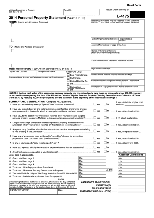 Fillable Form L-4175 - Personal Property Statement - 2014 Printable pdf