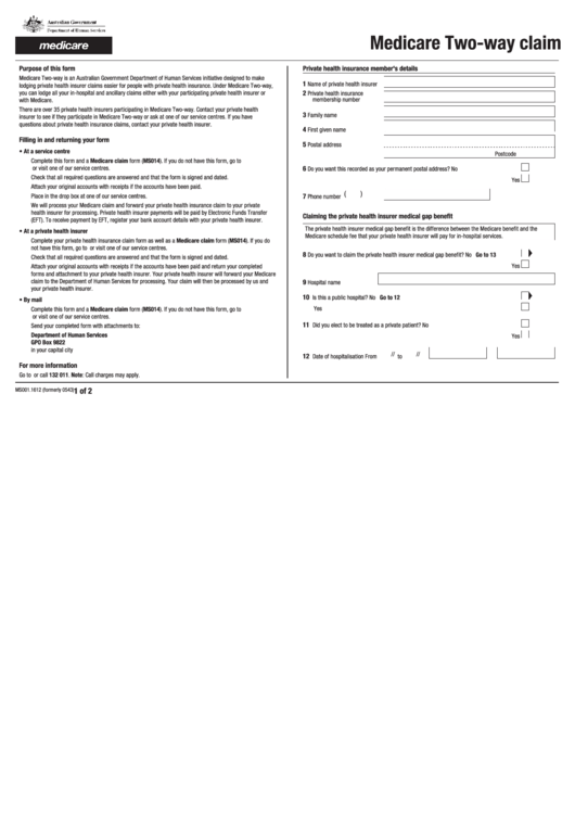 Fillable Form Ms001.1612 - Medicare Two-Way Claim Printable pdf