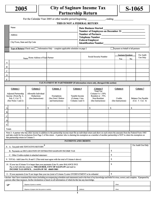 Fillable Form S-1065 - City Of Saginaw Income Tax Partnership Return - 2005 Printable pdf