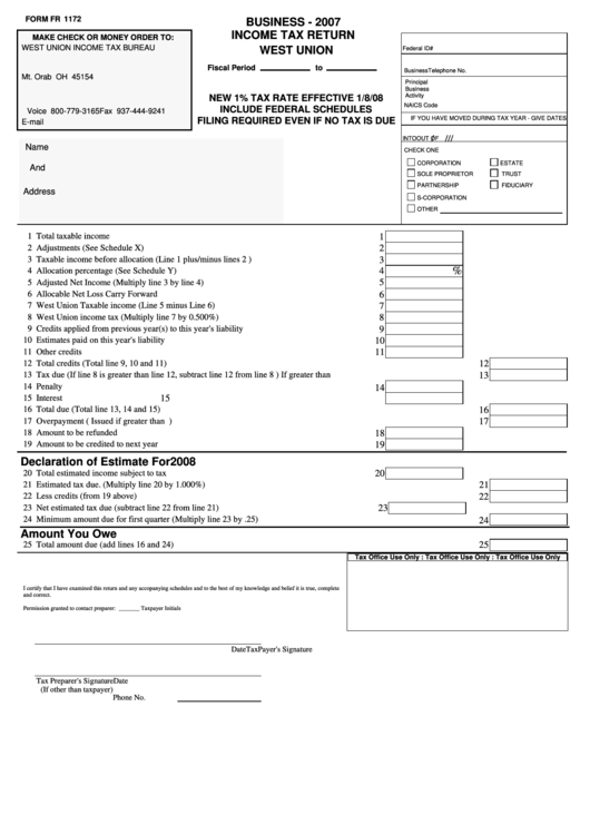 Form Fr 1172 - Business Income Tax Return - West Union - 2007 Printable pdf