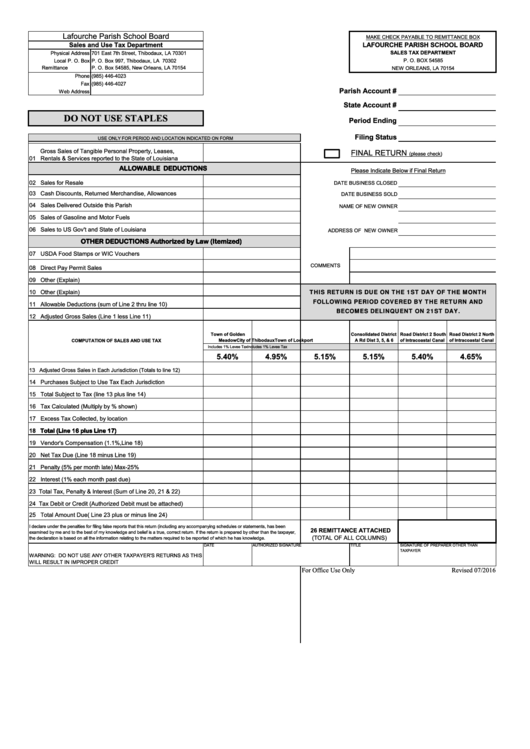 Sales Tax Return Worksheet - Lafourche Parish School Board Printable pdf